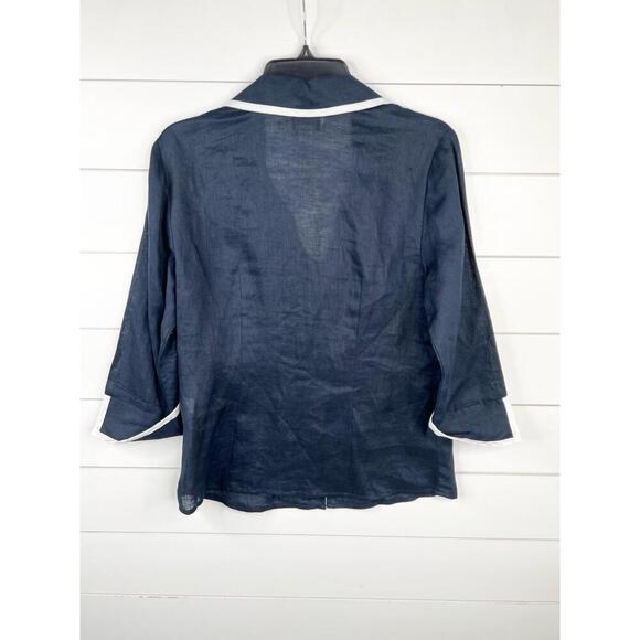 Talbots Ruffle Front Blue Linen Blouse 3/4 Sleeves Contrast Trim Womens Size 8 - Picture 3 of 12